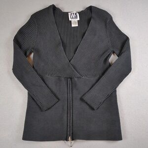 Vintage Wayne Rogers Ribbed Top Womens Medium Black Silk Blend Zip Long Sleeve